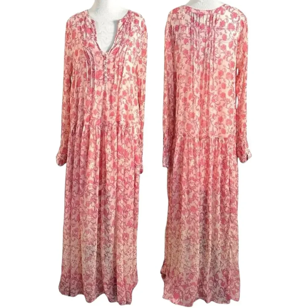 Free People XL Dainty Ethereal See It Through Maxi Dress Pink Rose Floral